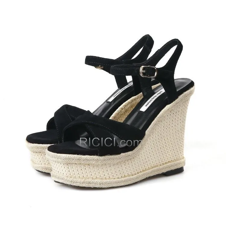 13 cm Chaussures Feemes Sandales Femme Compensées A Bride Plateforme Cuir Talon Haut Boheme Noir Simple