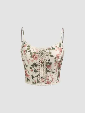 Camisole courte à lacets et à col dégagé avec motif floral