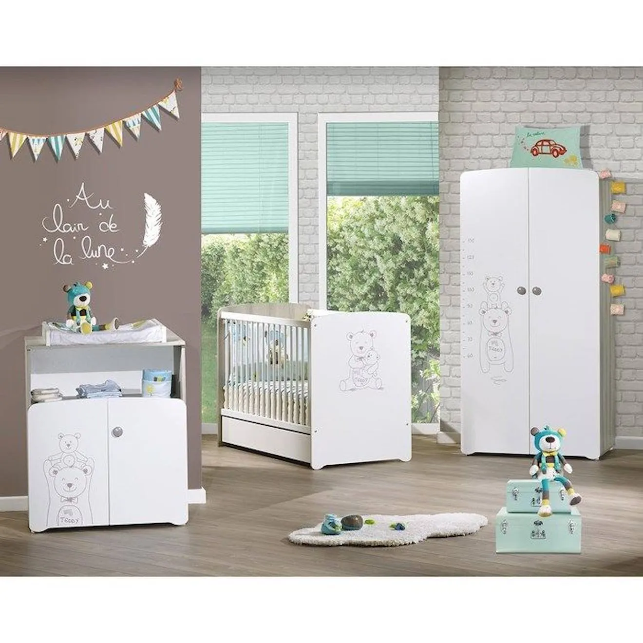 Commode à langer - Babyprice - Teddy - En bois blanc - Sérigraphie ours - 2 portes- 97x76x66cm blanc - Baby Price