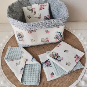 Ensemble naissance tissu blanc et bleu motif oursons