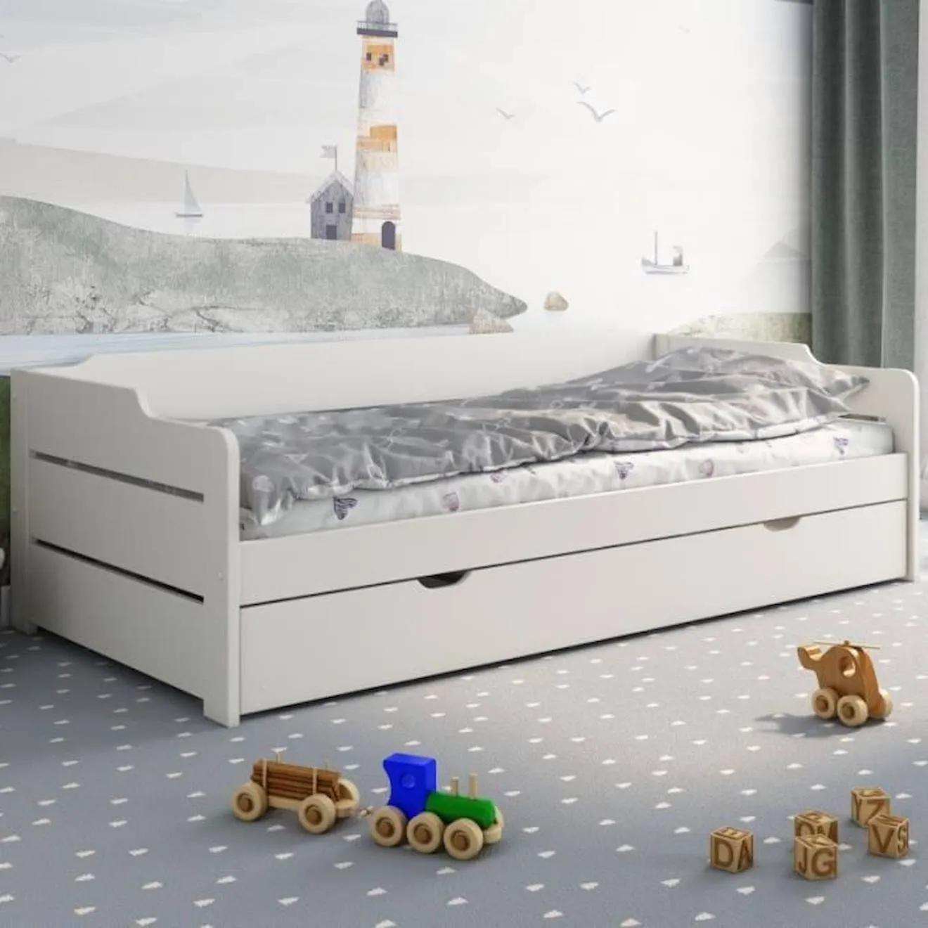 Lit avec lit gigogne et matelas en pin blanc 90x200 Arthur blanc - Alfred & Compagnie