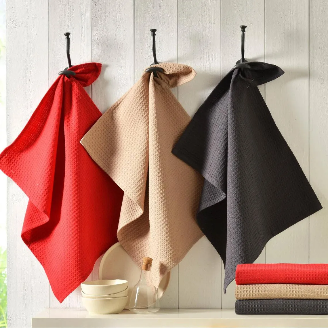 Lot de 6 torchons - rouge - anthracite - beige | 3 Suisses