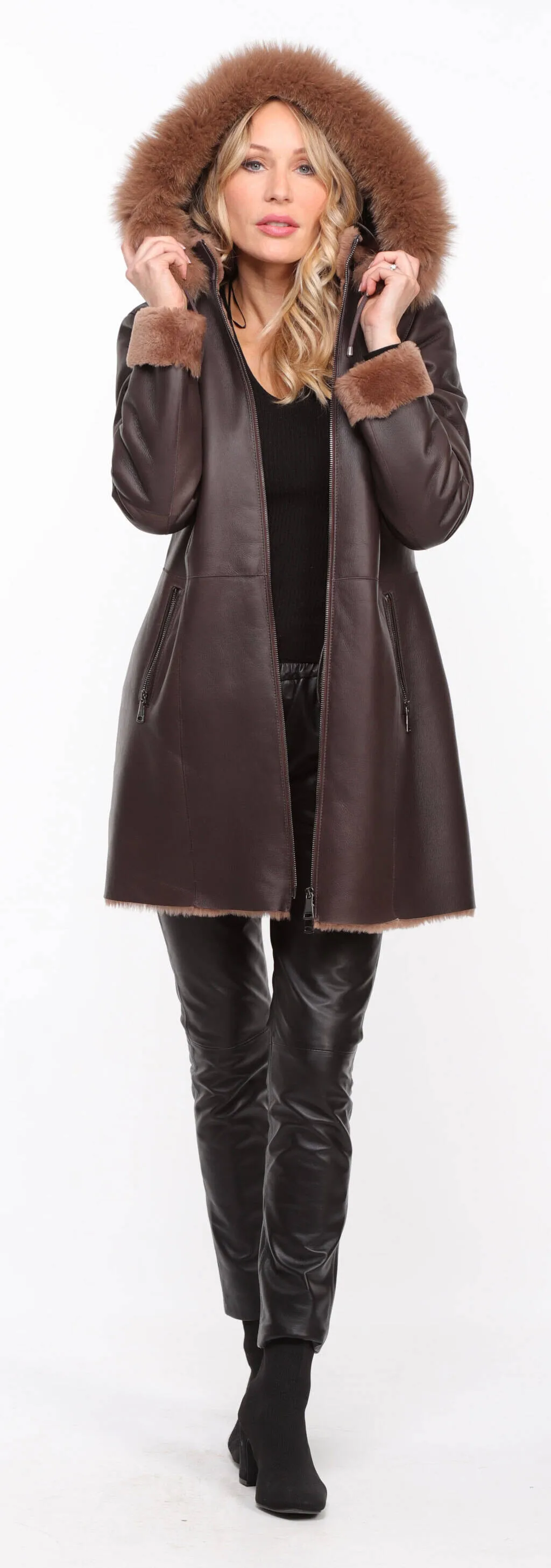 Manteau mouton capuche femme chocolat