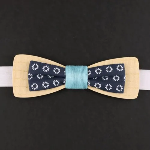 Noeud papillon slim en bois et tissu sowi bleu marine et blanc fil bleu cyan