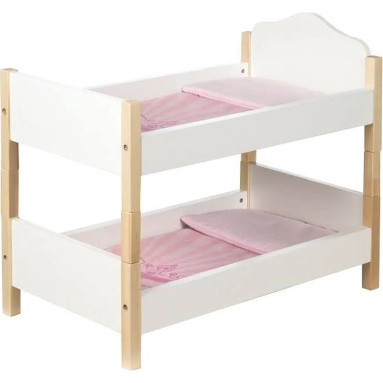ROBA Lit Superposé de Poupée Scarlett en Bois + 2 Oreillers et 2 Couettes Roses - Lit Double de Poupée - Blanc / Naturel blanc -