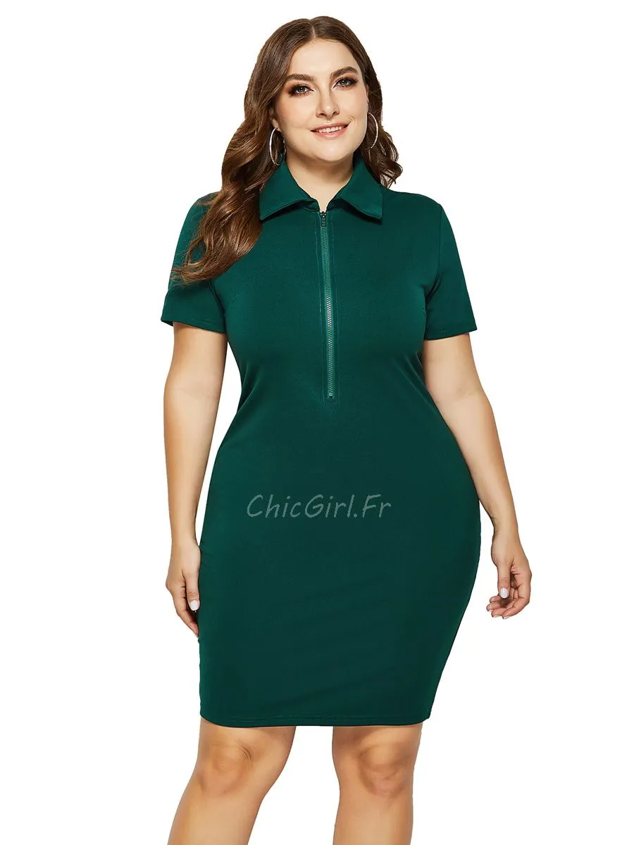 Robe Fourreau Femme Ronde Crayon Vert Foncé Manches Courtes Col Claudine