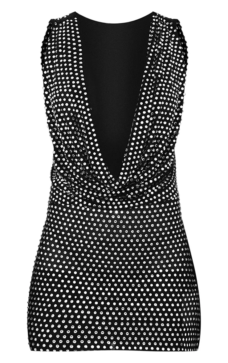 Robe moulante en mesh noir orné à col bénitier