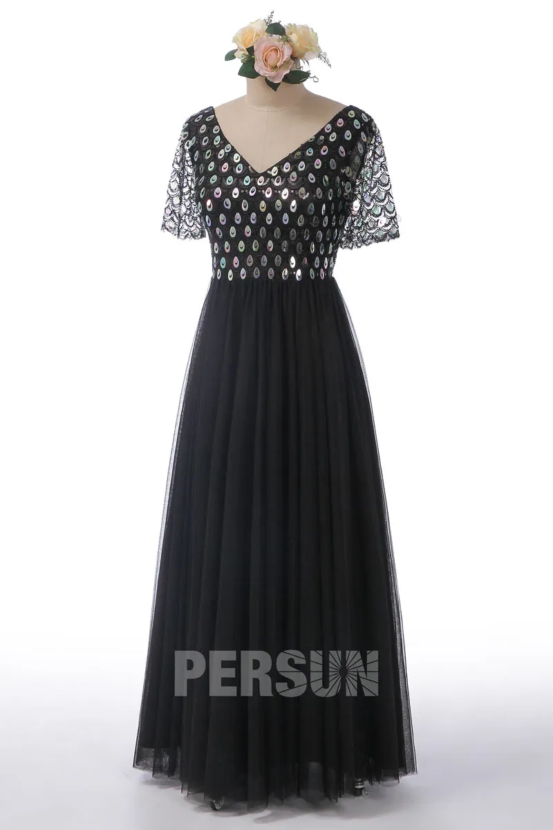 Robe noire longue col v dos dénudé bustier effet écaille