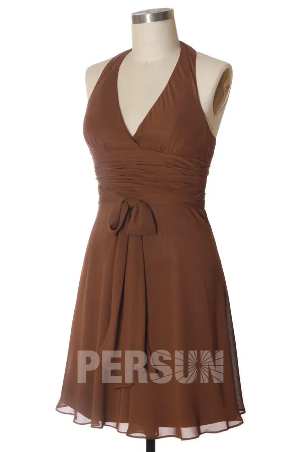 Robe pourpre courte pour demoiselles d'honneur col américain mousseline