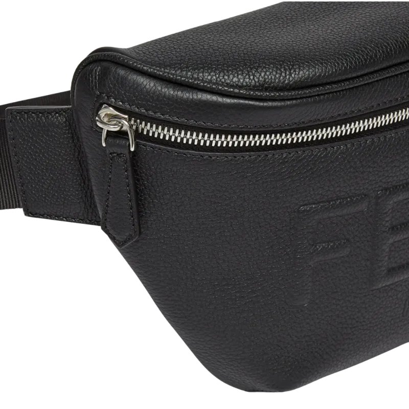Sac banane cuir grainé noir logo Fendi Roma effet 3D