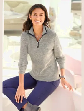 Sweat femme col camionneur passepoil contrasté à glissière manches longues