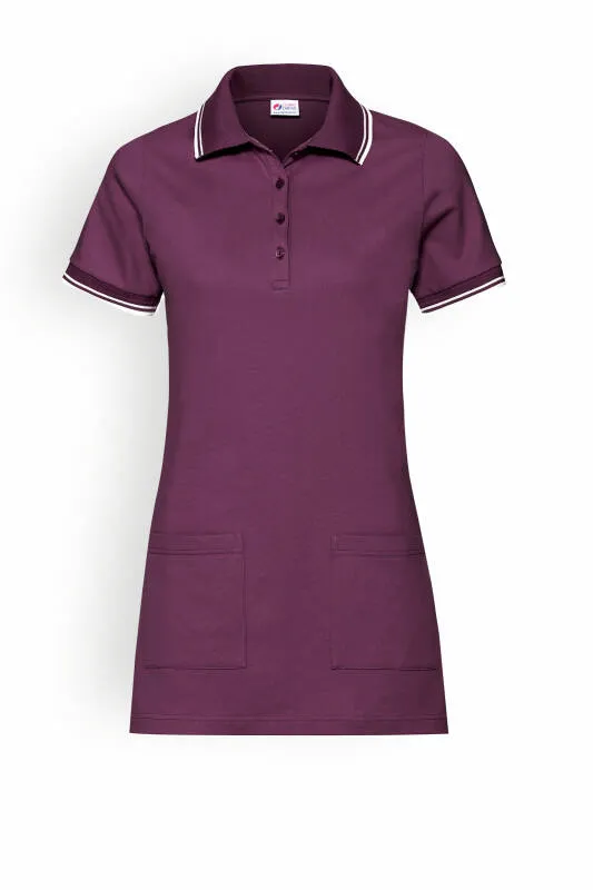 T-shirt long Femme en Piqué - Col polo prune/blanc