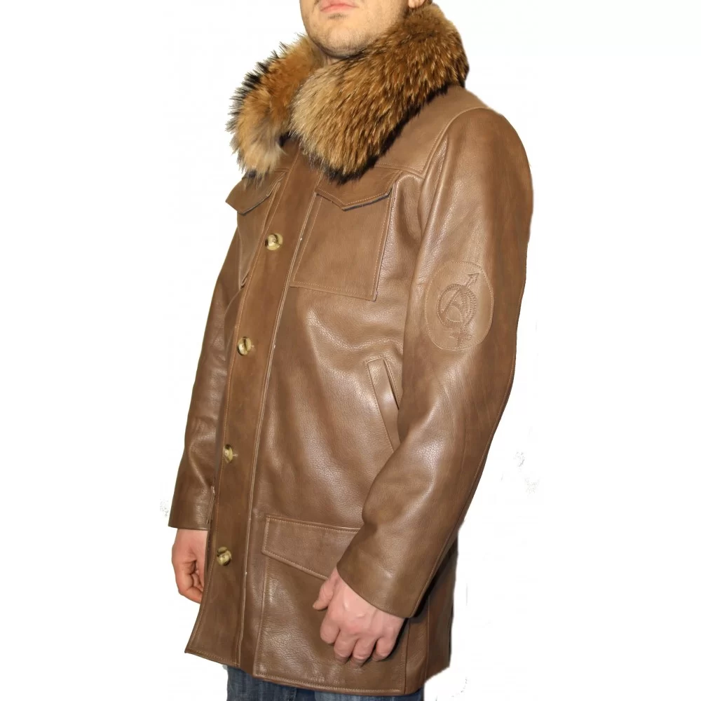 Trois quart cuir homme vachette gold col renard amovible modèle ulysse