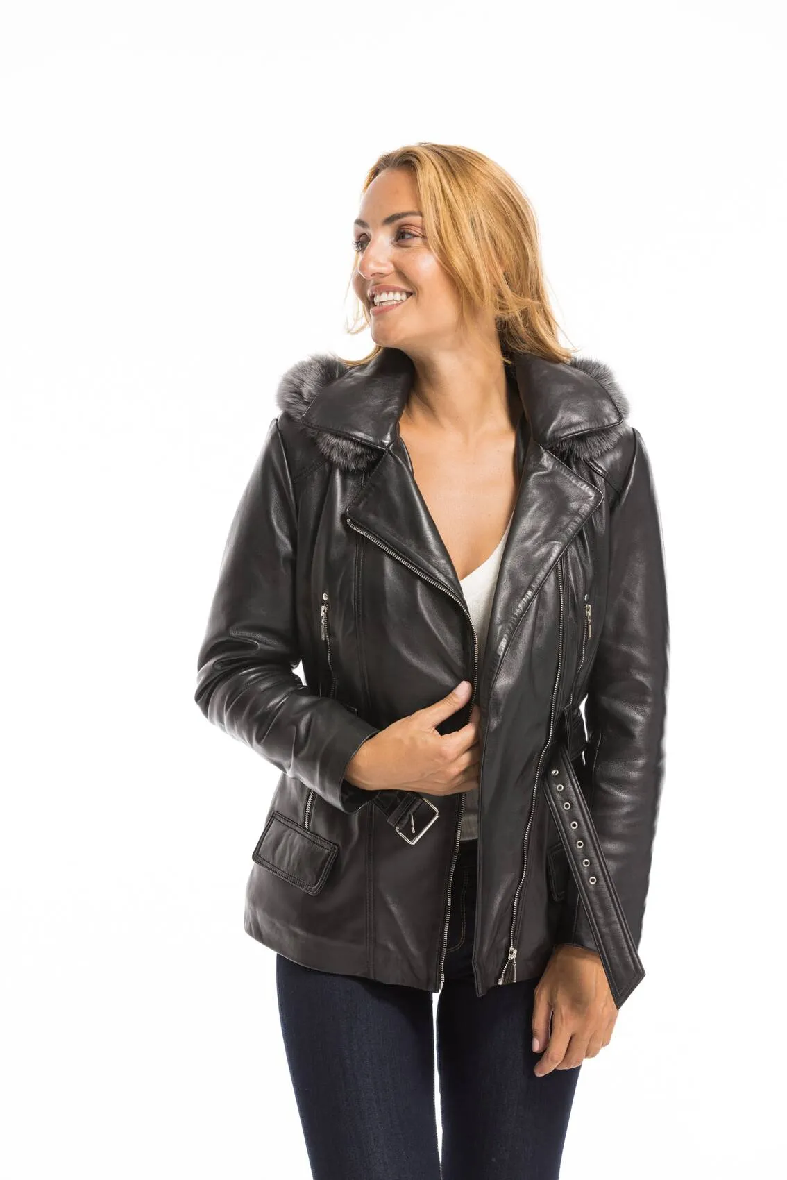 Veste cuir capuche femme noir
