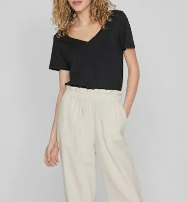 VILA Top Femme Manches Courtes Col V Noir